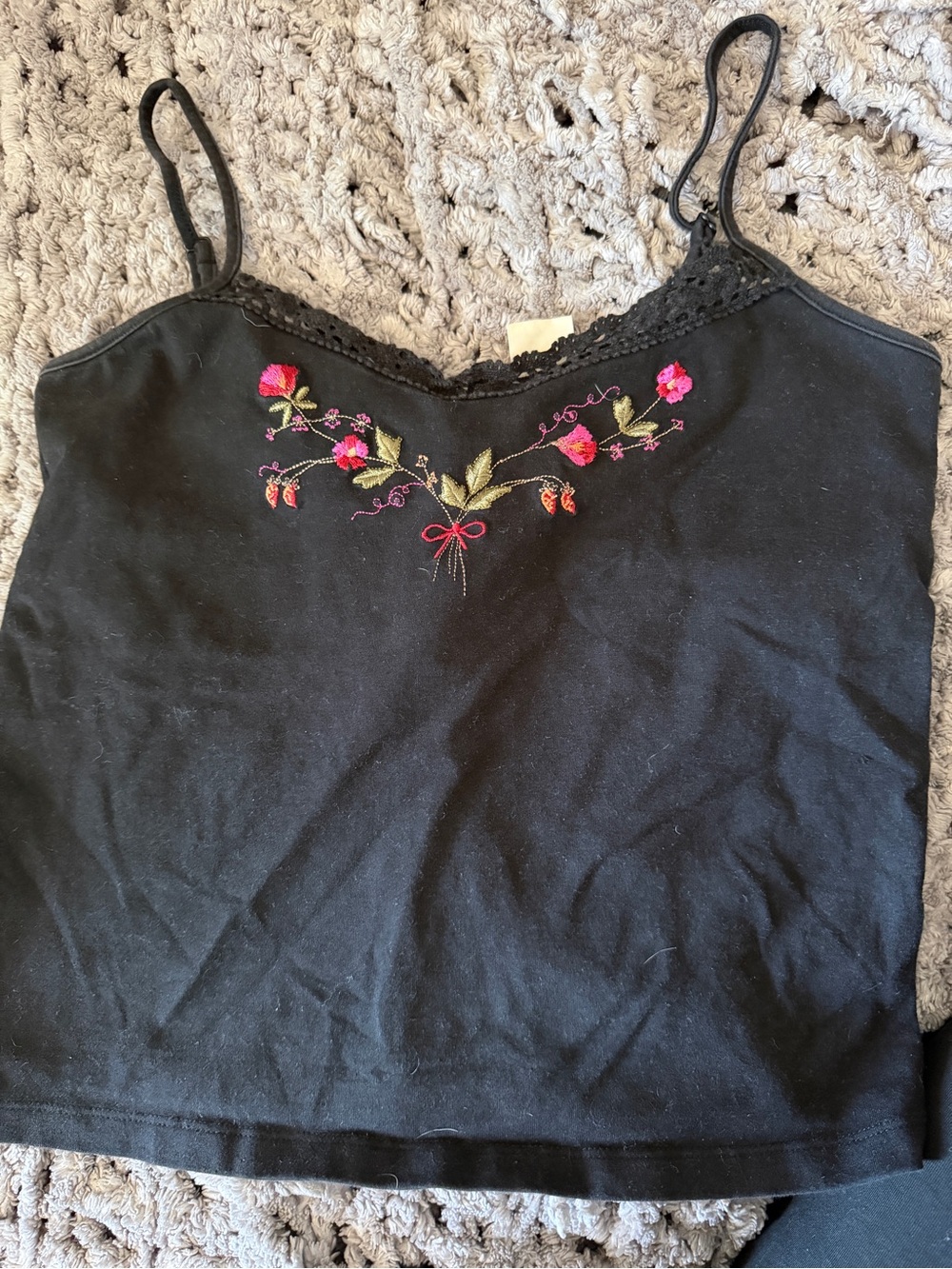 St. John's Bay Black Camisole with Pink Floral Embroidery
